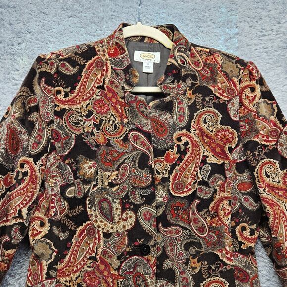 Talbots Womens Brown Paisley Blazer Colorful Cotton Silk Size 8 Petite Velvet - Picture 2 of 11
